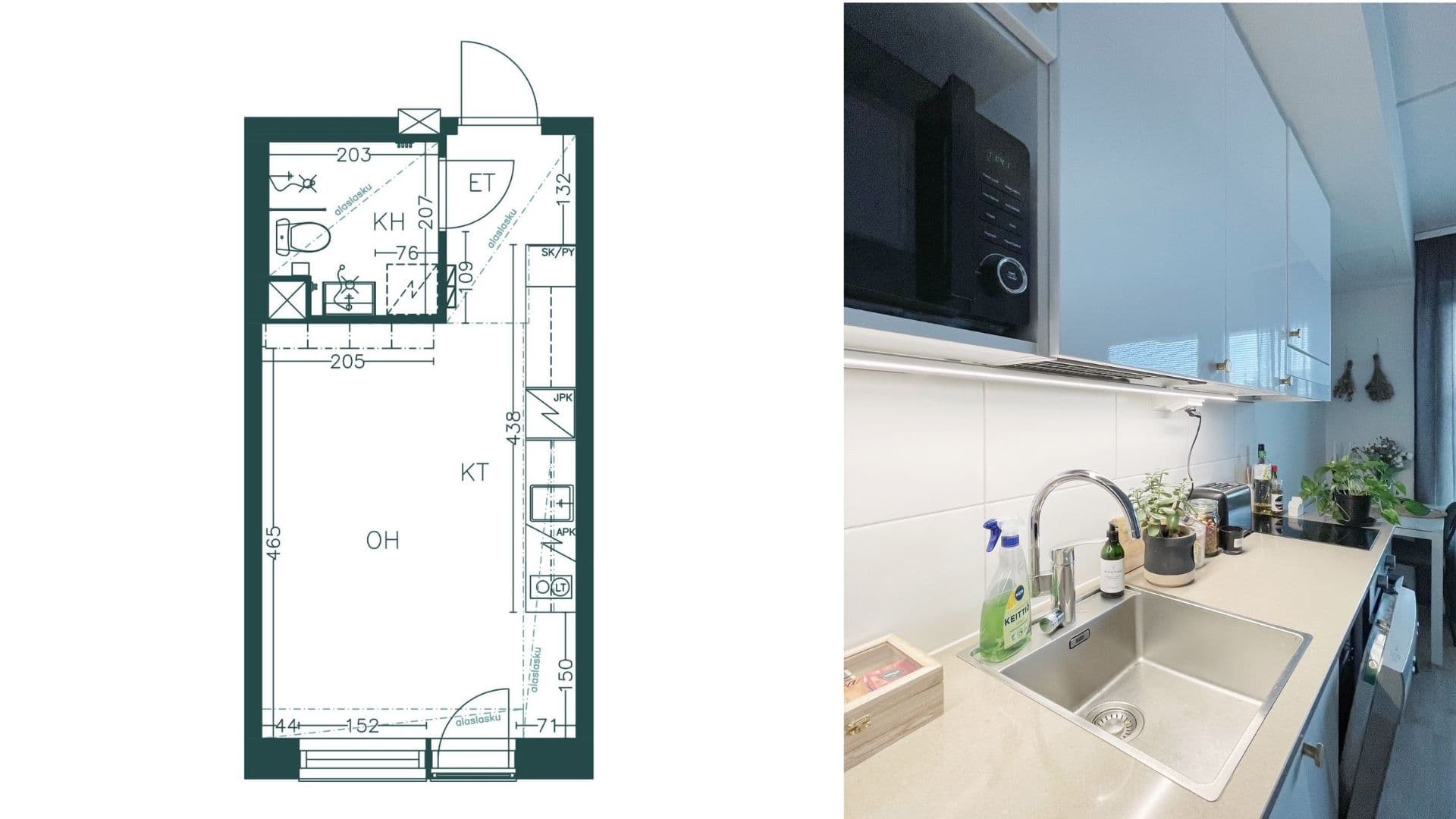 Saanan kodin pohjapiirustus ja keittiö
